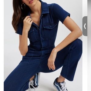 New Never Worn-Good American Dark Blue Short Sleeve Denim Jumpsuit -